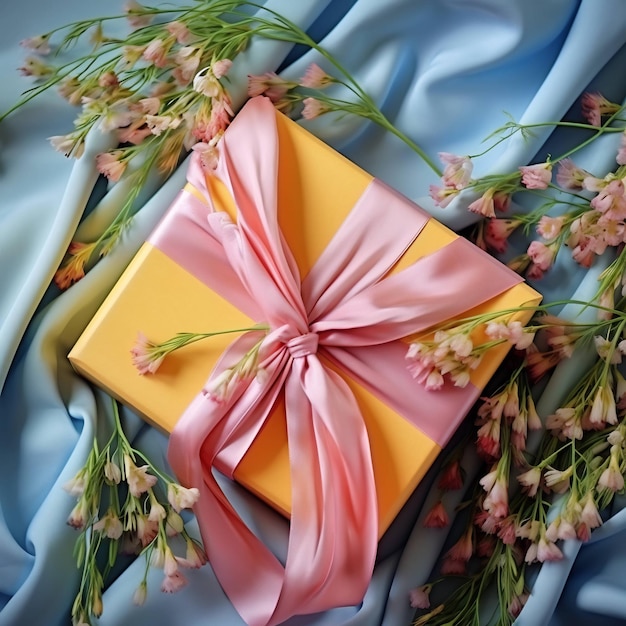 a yellow and pink ribbon with a pink ribbon on it sits on a blue cloth