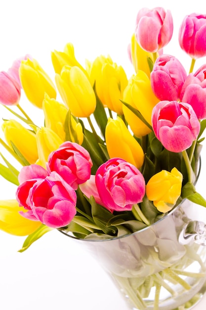 Yellow and pink tulips in spring bouquet.