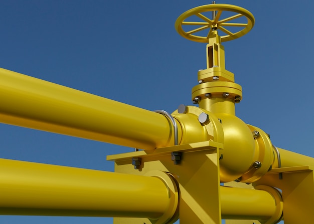 Yellow pipe with yellow valve low angle outdoors