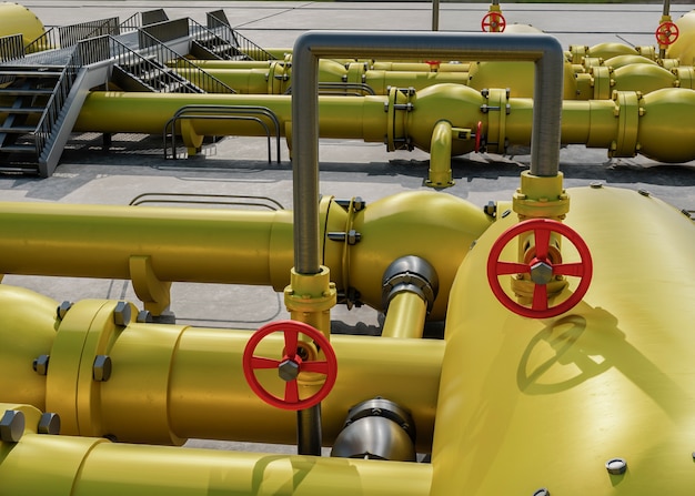 Photo yellow pipes with red valves arrangement