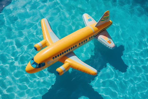 A yellow plane floating in a pool of water