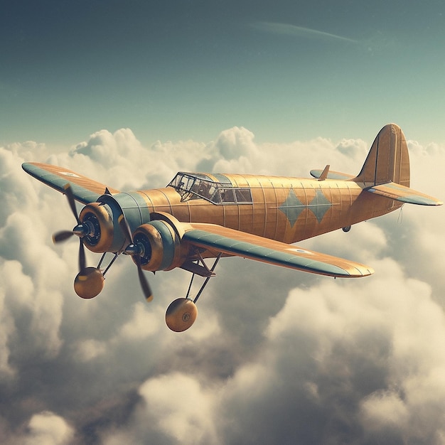 a yellow plane with a blue and brown paint is flying through the clouds.