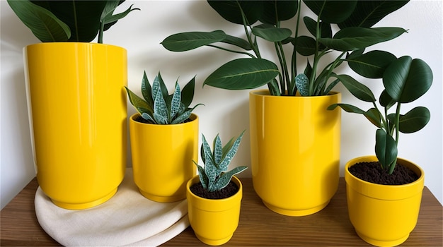 A yellow planter with a green plant in it