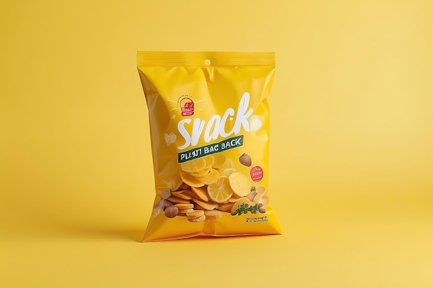 Yellow plastic bag snack packaging in yellow background