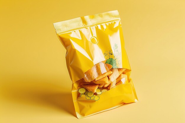 Photo yellow plastic bag snack packaging in yellow background