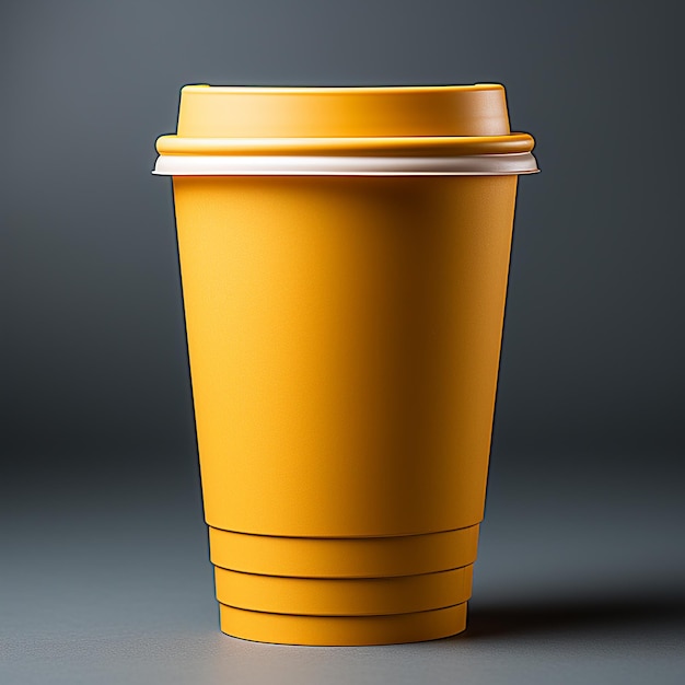 A yellow plastic cup with a white handle is shown