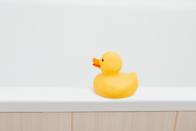 Yellow plastic duck in bathroom