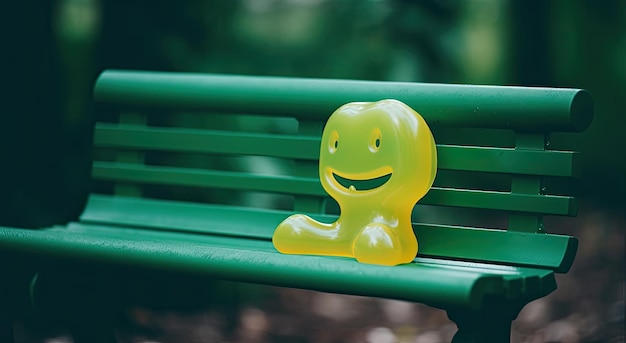 A yellow plastic monster sits on a green bench.