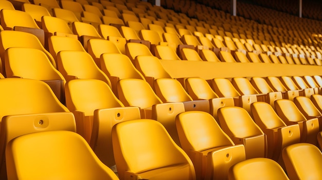 スポーツスタジアムの黄色いプラスチックの座席は,フィールドの浅い深さの水平写真です