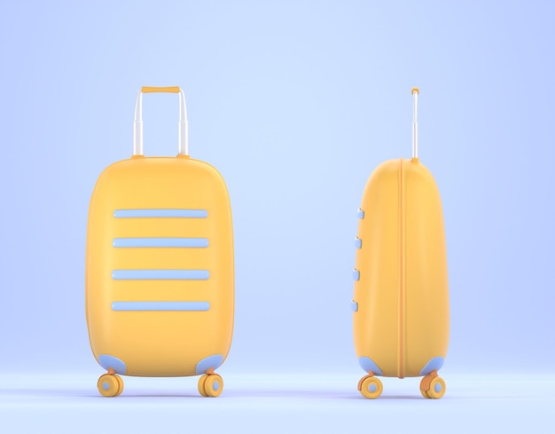 Yellow plastic suitcase with wheels front and side view Travel bag for carry baggage isolated on blue background Luggage for journey and vacation trip Realistic illustration 3d render