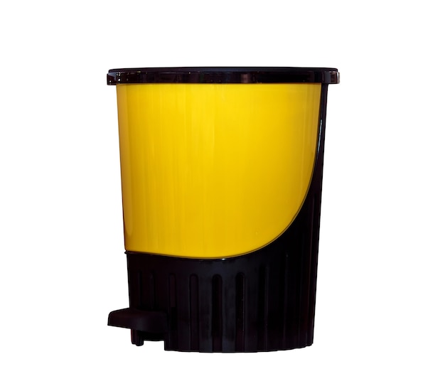 Yellow plastic trash can isolated on white