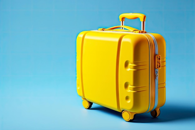 Yellow plastic travel suitcase on blue background