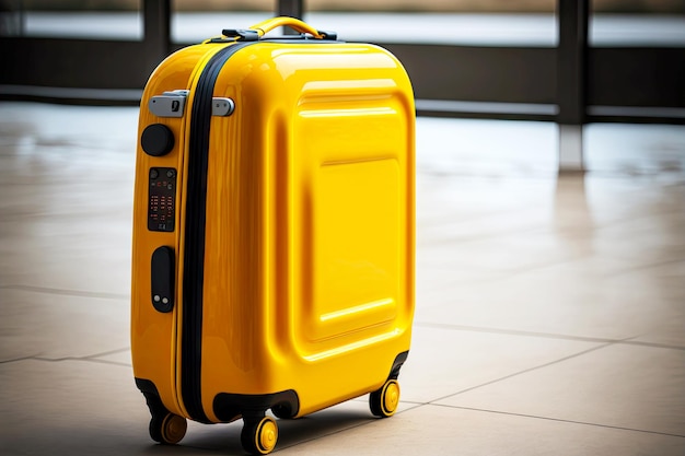 Yellow plastic travel suitcase on wheels at airport