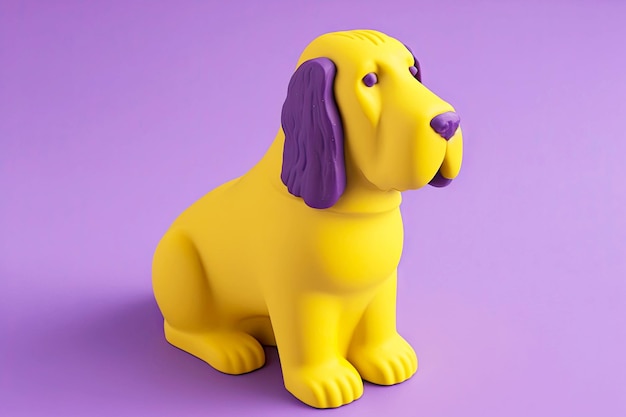 Yellow plasticine dog with purple ears sitting on table created with generative ai