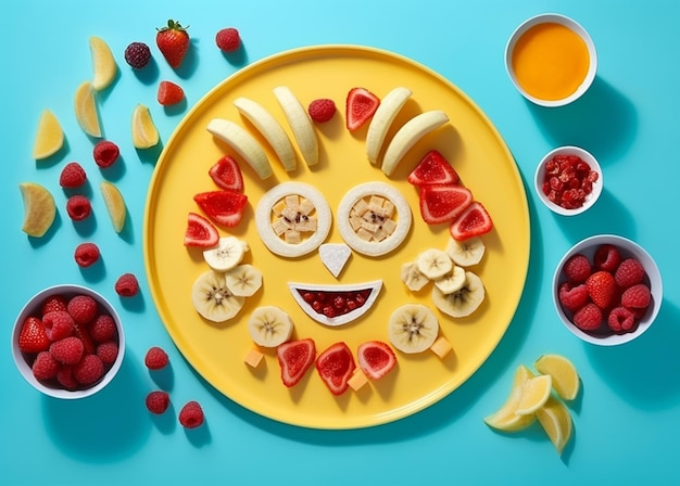 Foto piatto giallo con frutta e faccina sorridente fatta di banane ai generative