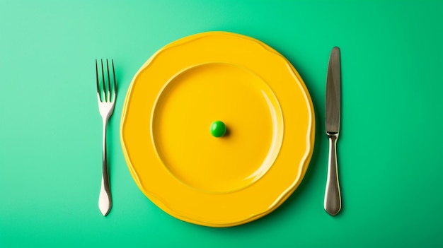 Yellow plate with only a green pea with fork and knife on each side green background Generative Ai