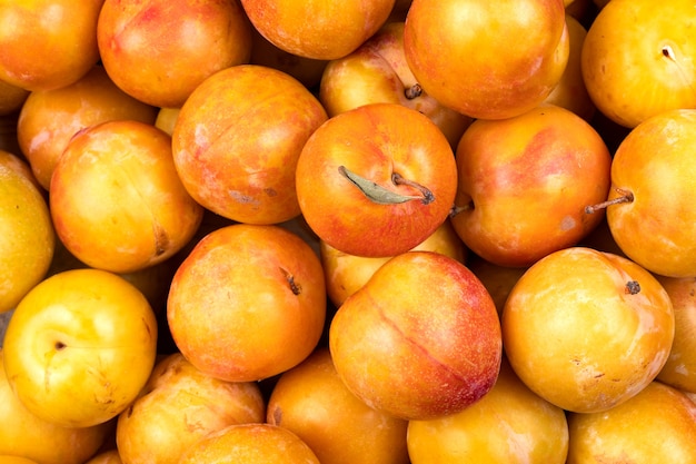 Yellow plum as a background closeup. Fresh market vegetables