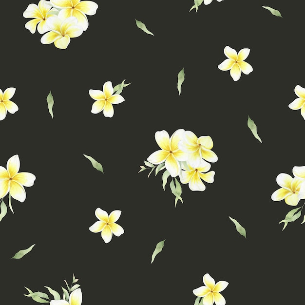 Photo yellow plumeria flowers tropical exotic flowers watercolor seamless pattern on a dark background