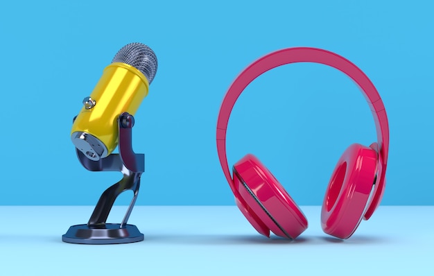 Yellow PODCAST Microphone and pink headphone