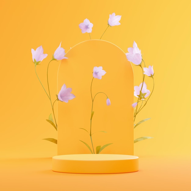 Yellow podium on yellow tropical background with flowers for product placement 3d render