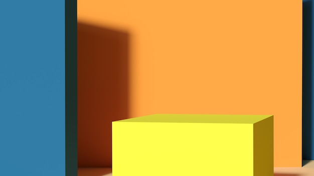 Yellow podiums on an orange background. Abstract scene on a pedestal with a geometric one. Layout of the empty space design. 3d rendering.