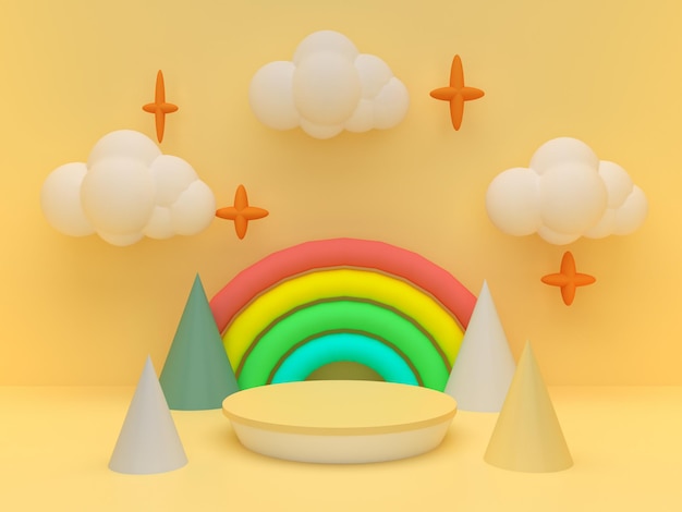 Poduim giallo con arcobaleno e nuvole su sfondo giallo piedistallo per la presentazione di prodotti per bambini rendering 3d geometrico