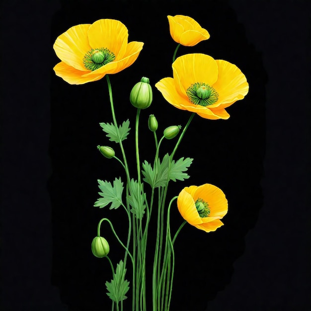 Photo yellow poppies with green leaves