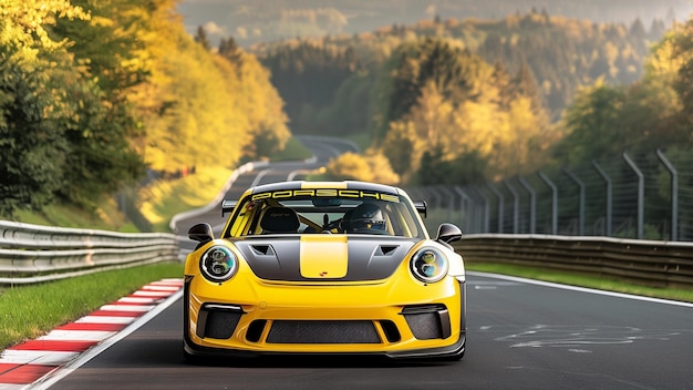 Yellow Porsche 911 GT3 RS on the Nrburgring daytime
