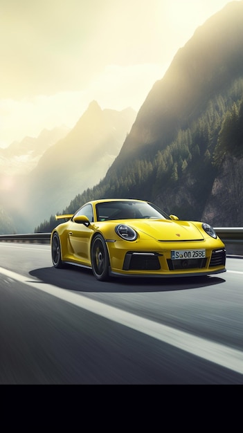 A yellow porsche 911 with the license plate number jb - s on the front.