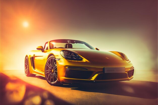 A yellow porsche with the word porsche on the front