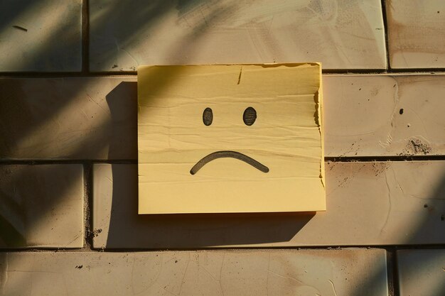 Photo yellow postit note with sad smiley face on the wall