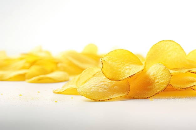 Yellow potato chips with salt on a white isolated background selectively focused