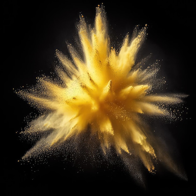 yellow powder color explosion and splash isolated on black background