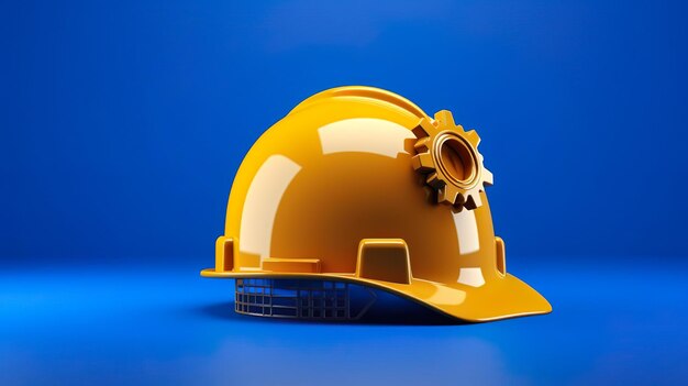 Photo yellow protective helmet on a blue symbolic gear bac