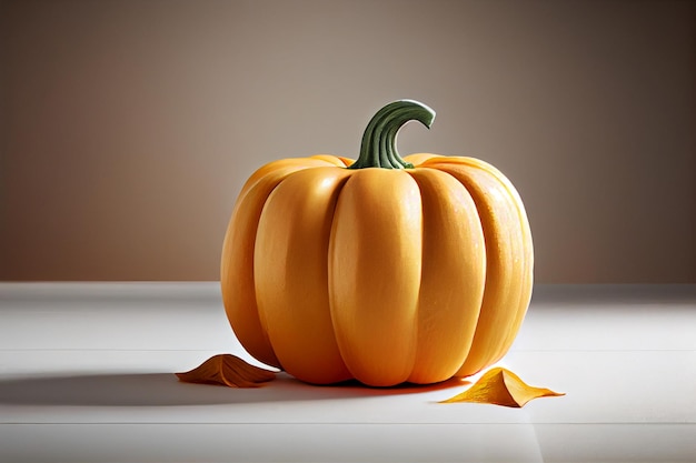 Yellow pumpkin sitting on top of a white table generative ai