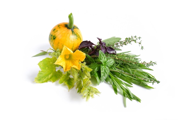 Yellow pumpkin with flower, leaves and buds and spicy herbs on a white background.