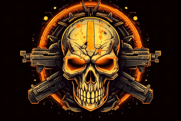 Yellow punk cyber human skull with weapon Neural network AI generated