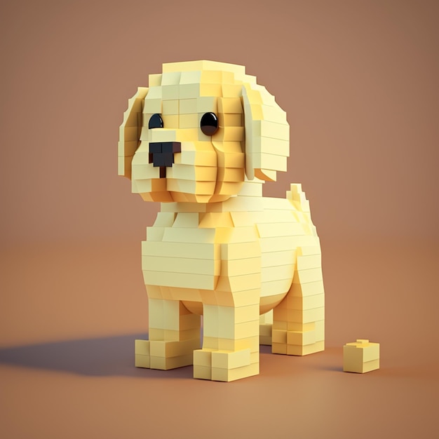 A yellow puppy made of lego blocks is shown in a 3d image.