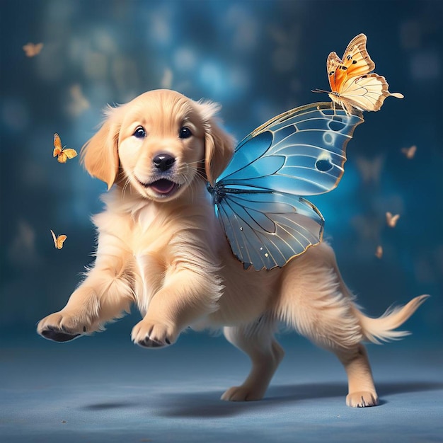 A yellow puppy with a butterfly wings on its back