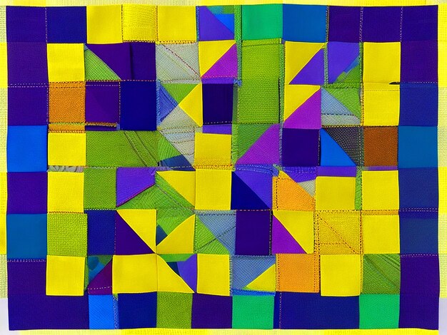 Yellow purple blue and moss green squared patchwork pattern stitched with brown sewing thread pa