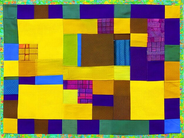 Yellow purple blue and moss green squared patchwork pattern stitched with brown sewing thread pa