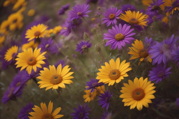 Yellow and purple daisies in a meadow in summer ai generated