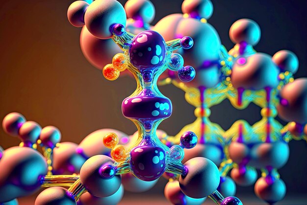 Yellow purple model fastened with linkages molecule closeup