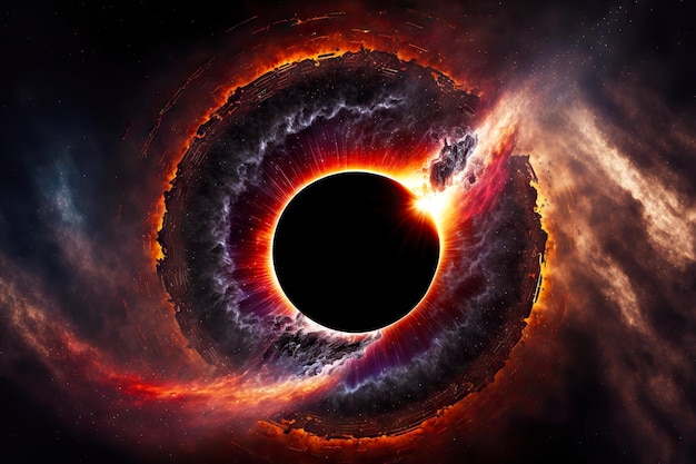 사진 블랙홀 특이점의 형태로 어두운 원이 있는 노란색 보라색 스페이스 링