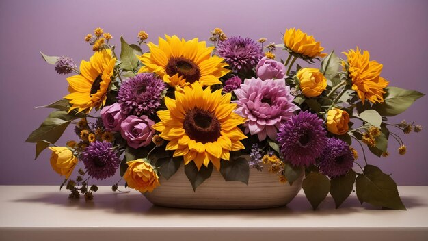 Yellow purple sunflower potted purple background