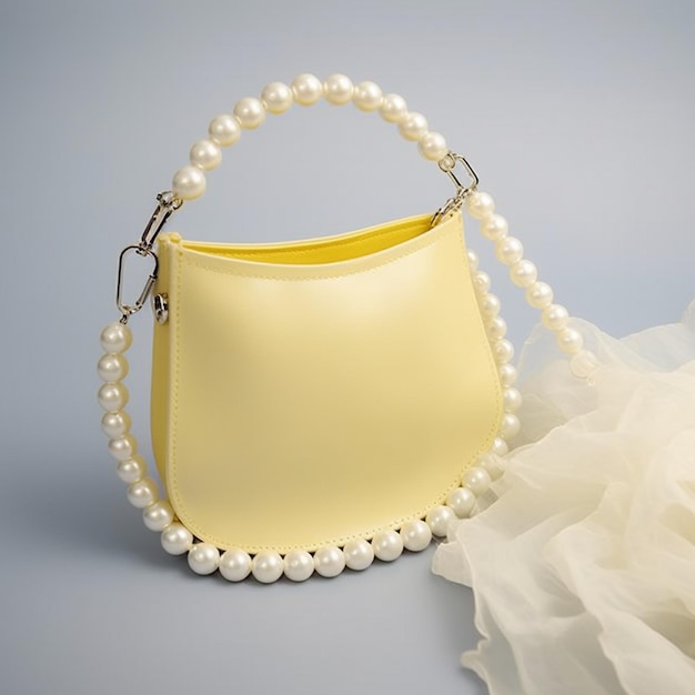 yellow purse with pearls and a white dress on a blue background generative ai