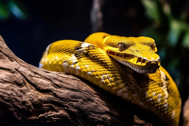Premium AI Image | Yellow Python Serpent Coiled Around a Branch in ...