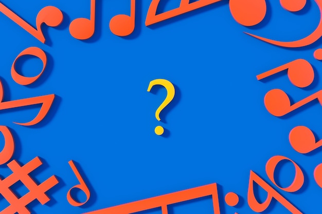 Photo the yellow question mark center and many other orange melody on blue background