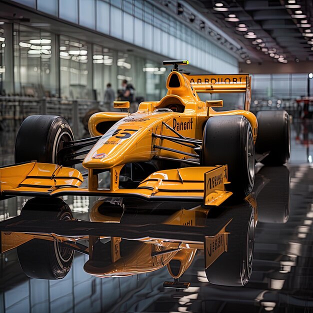 a yellow racing car is on a glass table