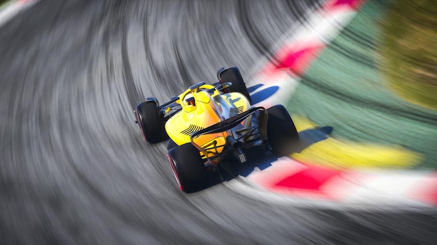 Yellow racing car in panning shots 3D illustration